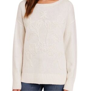 Haute Hippie Embroidered Floral Soft Cream White Long Sleeve Pullover Sweater Sm